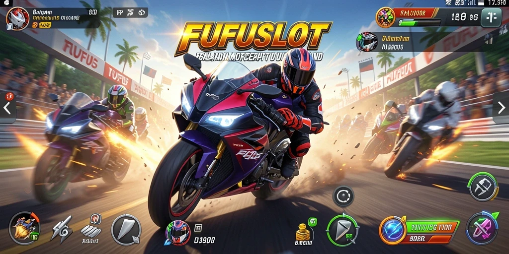 Screenshot utama FUFUSLOT menampilkan aksi balapan motor yang mendebarkan.