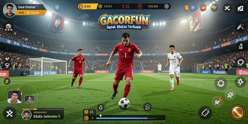 Screenshot gameplay GACORFUN menampilkan aksi pertandingan sepak bola yang mendebarkan.