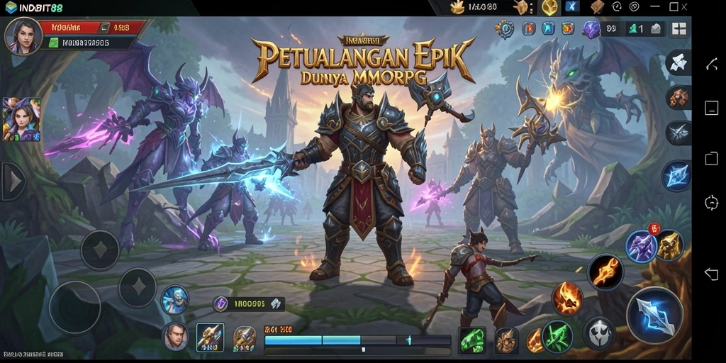 Tampilan layar permainan INDOBIT88 menunjukkan aksi epik dalam MMORPG.