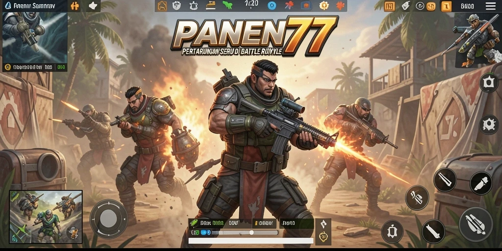 Screenshot gameplay PANEN77 menampilkan aksi pertarungan seru di arena Battle Royale.