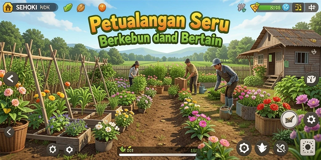 Tampilan gameplay SEHOKI yang menampilkan aktivitas bertani yang seru.
