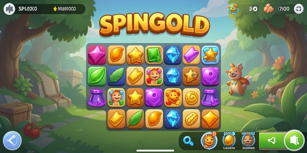 Screenshot SPINGOLD menampilkan gameplay Match-3 yang memikat dan penuh warna.