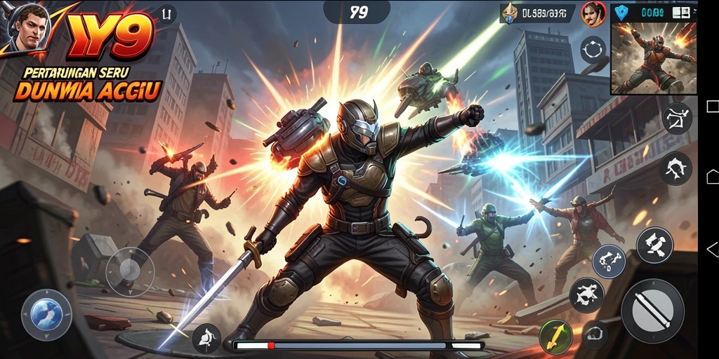 Screenshot gameplay Y89 menampilkan aksi seru di arena pertarungan.